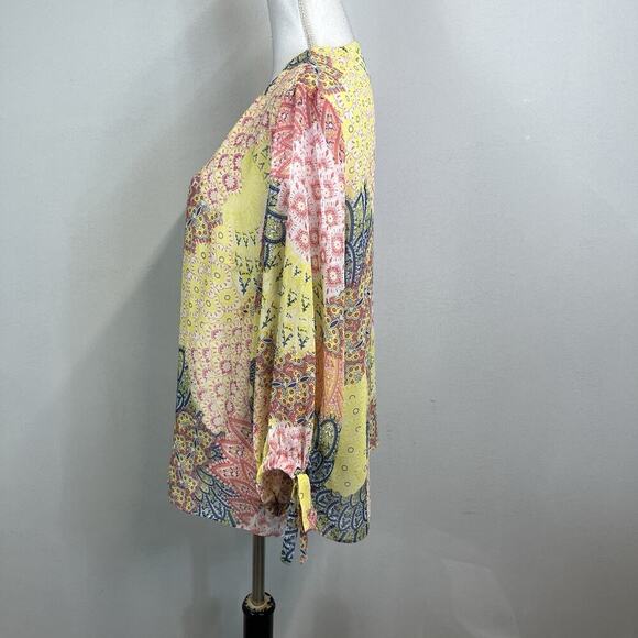 JM Collection Blouse Tunic size Large Pink Yellow Paisley Sheer Necklace Peasant - Picture 5 of 8